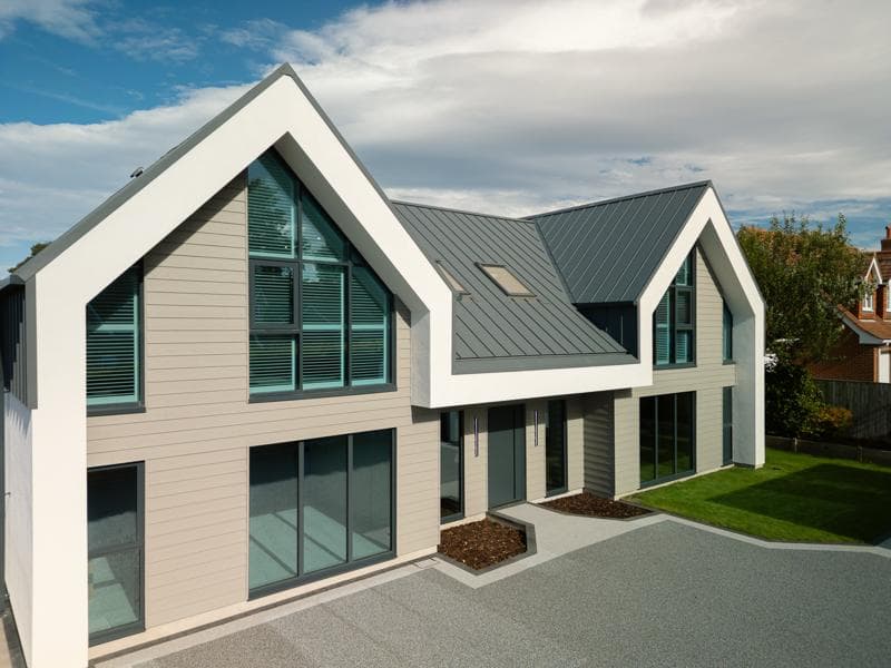 Aerial view of twin-gable standing seam roof